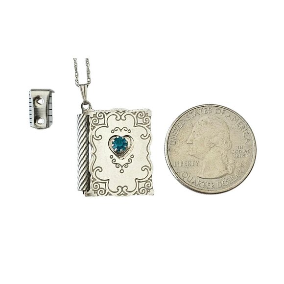Sterling Silver Articulated Book Pendant Blue Glass Stone Chain Necklace, J36 - Picture 7 of 8